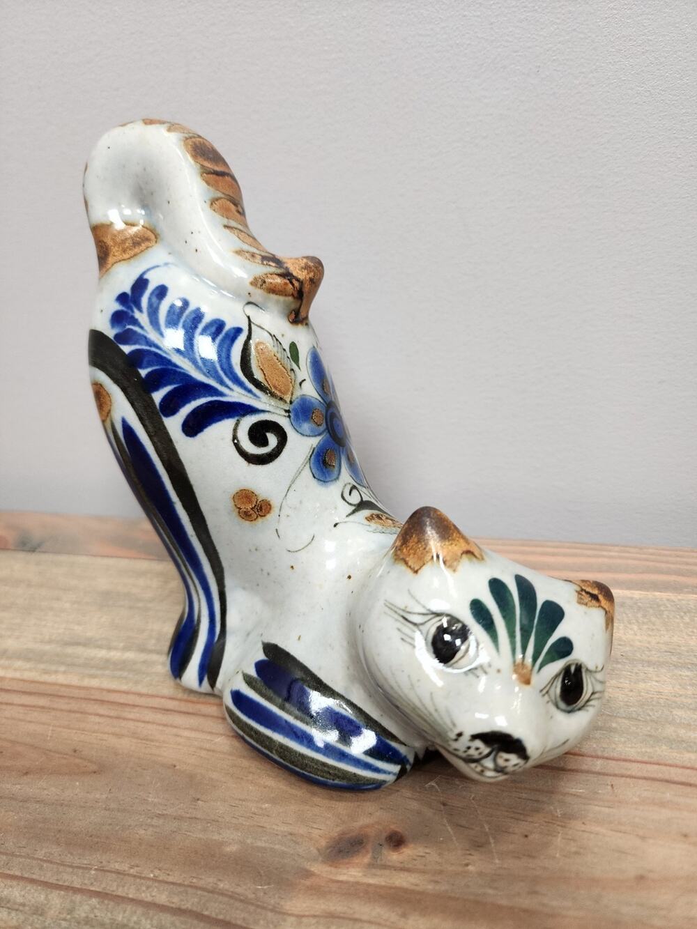 Vintage Tonala Hand Crafted Pottery Stretching Cat Folk Art Figurine Signed